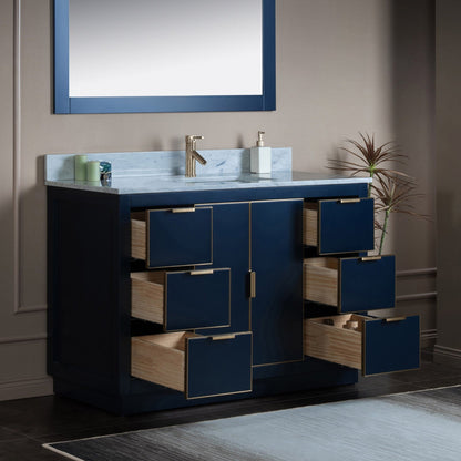 Woodbridge Venice 48" Navy Blue and Gold Trim Solid Wood Vanity Base and Carrara Marble Top With Pre-Drilled Single Hole Faucet