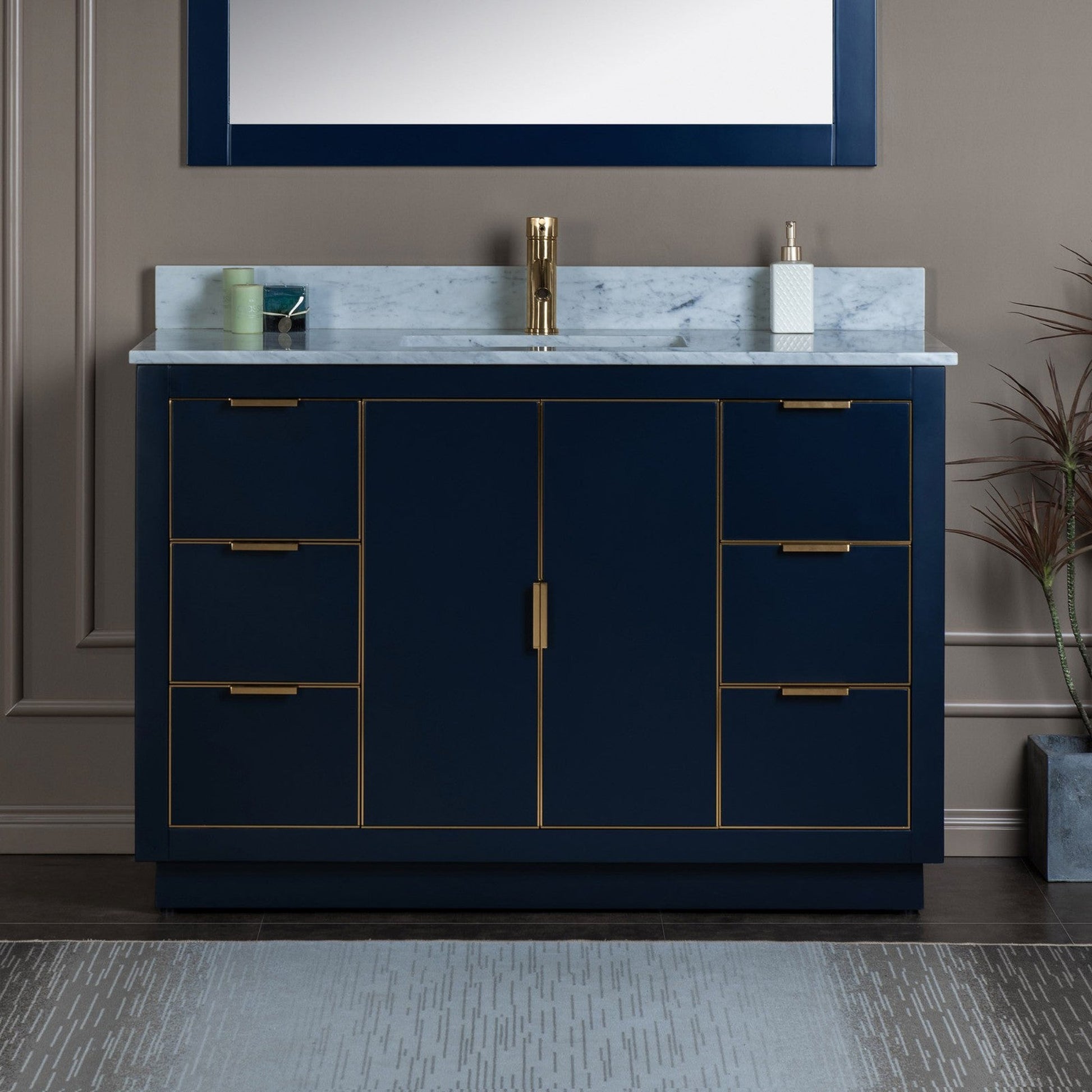 Woodbridge Venice 48" Navy Blue and Gold Trim Solid Wood Vanity Base and Carrara Marble Top With Pre-Drilled Single Hole Faucet