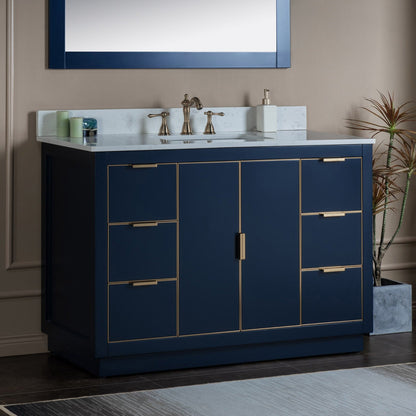Woodbridge Venice 48" Navy Blue and Gold Trim Solid Wood Vanity Base and Carrara White Engineered Stone Top With 3 Pre-drilled Holes for 8" Widespread Faucet