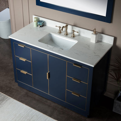Woodbridge Venice 48" Navy Blue and Gold Trim Solid Wood Vanity Base and Carrara White Engineered Stone Top With 3 Pre-drilled Holes for 8" Widespread Faucet