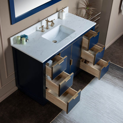 Woodbridge Venice 48" Navy Blue and Gold Trim Solid Wood Vanity Base and Carrara White Engineered Stone Top With 3 Pre-drilled Holes for 8" Widespread Faucet