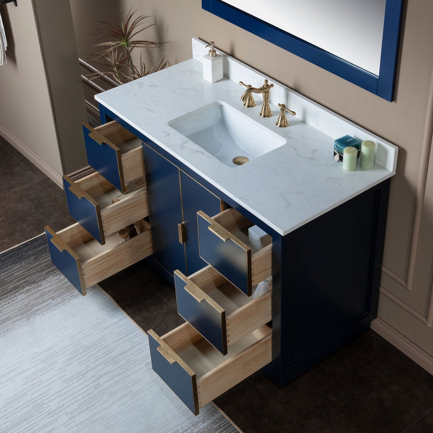 Woodbridge Venice 48" Navy Blue and Gold Trim Solid Wood Vanity Base and Carrara White Engineered Stone Top With 3 Pre-drilled Holes for 8" Widespread Faucet