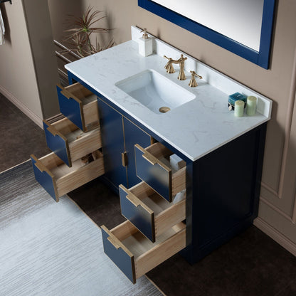 Woodbridge Venice 48" Navy Blue and Gold Trim Solid Wood Vanity Base and Carrara White Engineered Stone Top With 3 Pre-drilled Holes for 8" Widespread Faucet