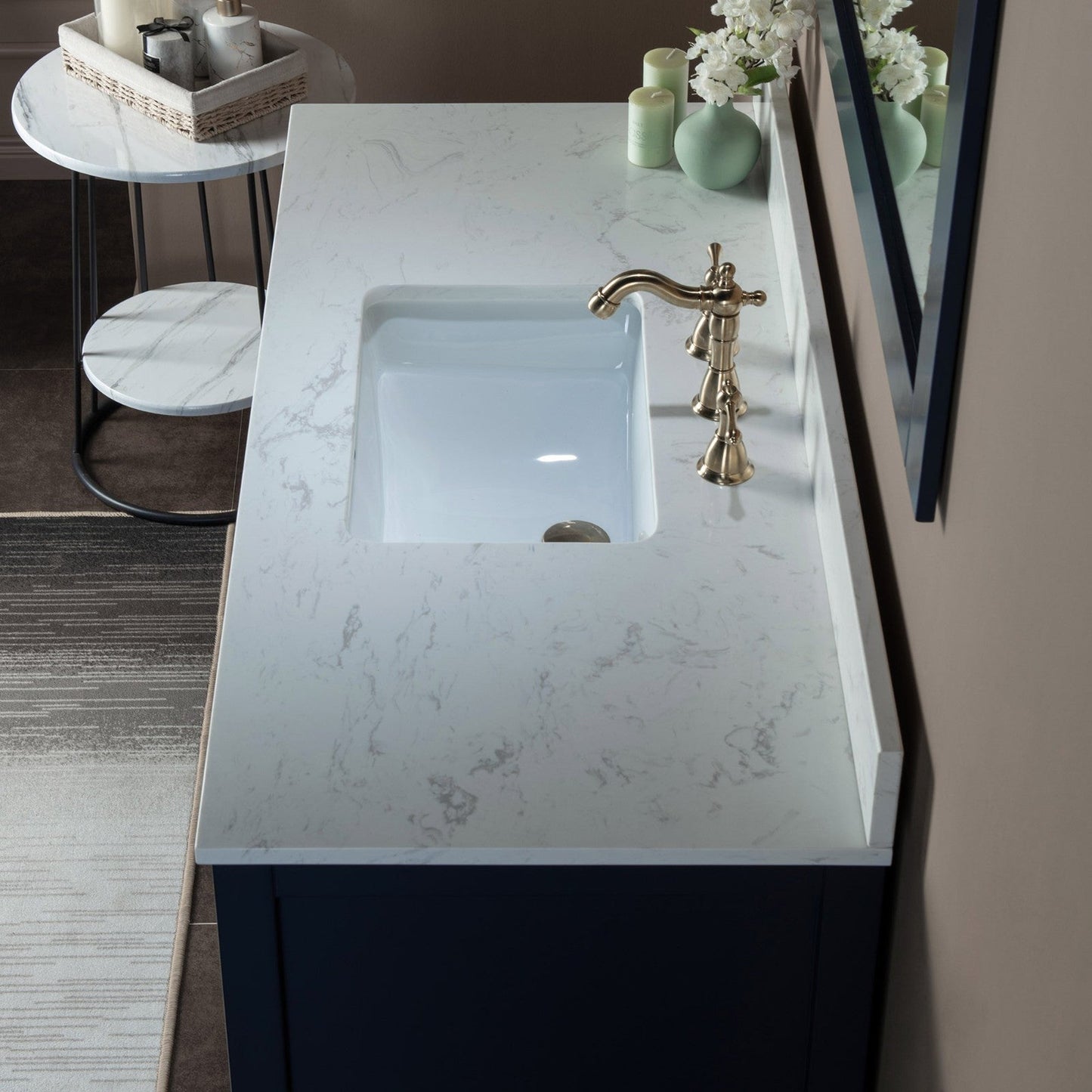 Woodbridge Venice 48" Navy Blue and Gold Trim Solid Wood Vanity Base and Carrara White Engineered Stone Top With 3 Pre-drilled Holes for 8" Widespread Faucet