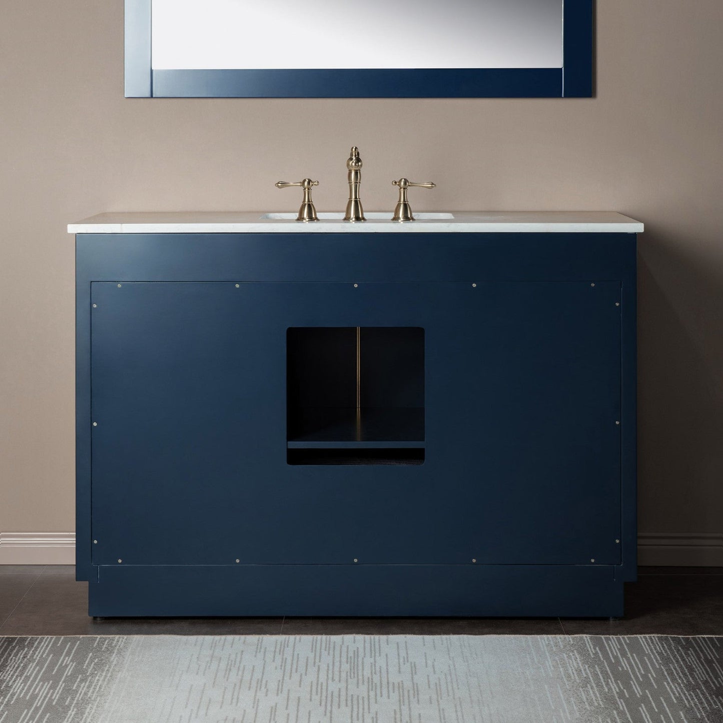 Woodbridge Venice 48" Navy Blue and Gold Trim Solid Wood Vanity Base and Carrara White Engineered Stone Top With 3 Pre-drilled Holes for 8" Widespread Faucet