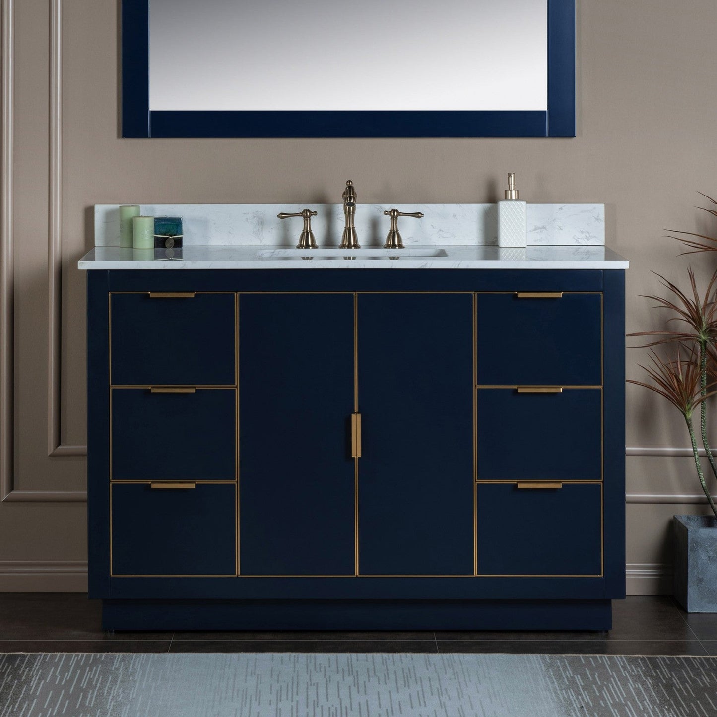 Woodbridge Venice 48" Navy Blue and Gold Trim Solid Wood Vanity Base and Carrara White Engineered Stone Top With 3 Pre-drilled Holes for 8" Widespread Faucet