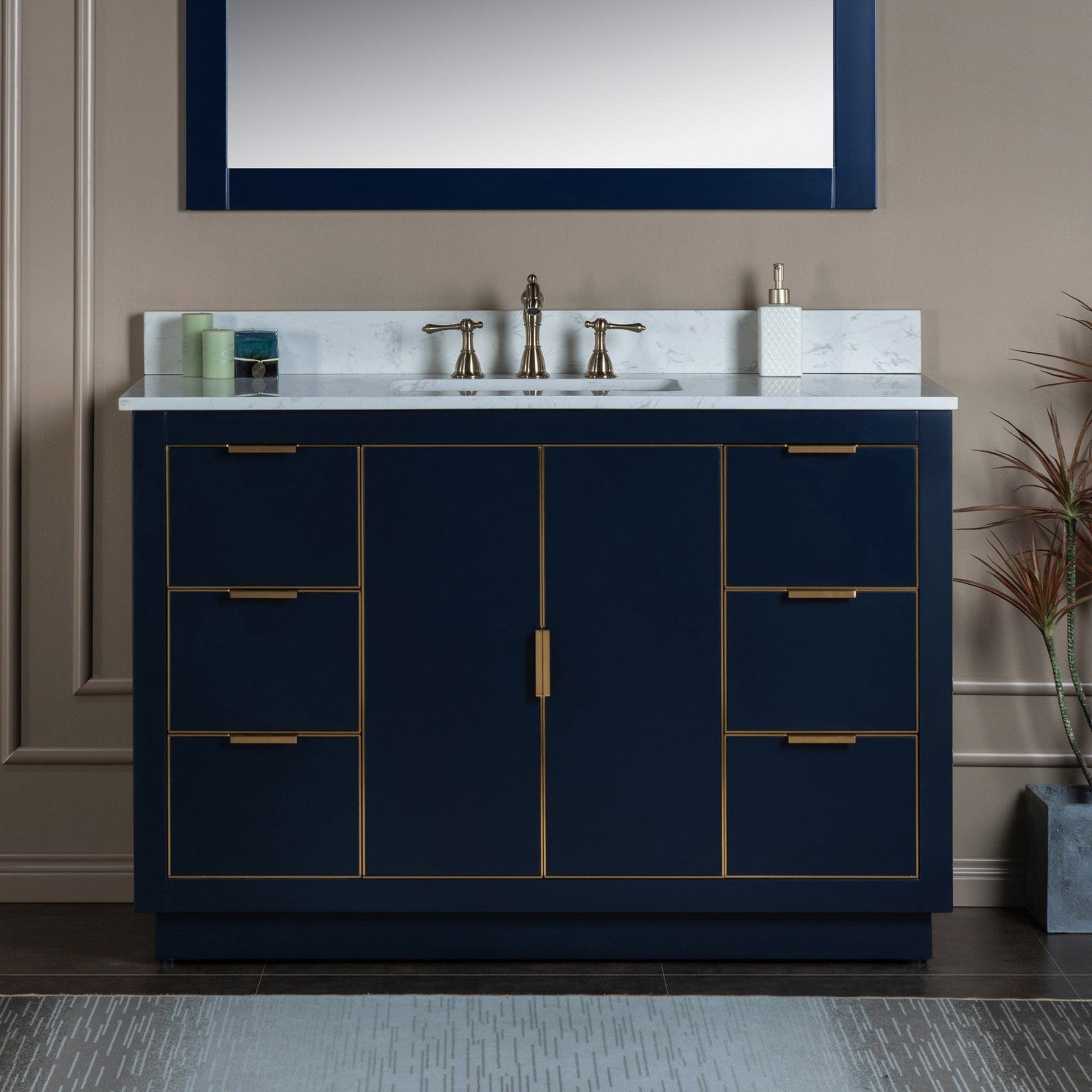 Woodbridge Venice 48" Navy Blue and Gold Trim Solid Wood Vanity Base and Carrara White Engineered Stone Top With 3 Pre-drilled Holes for 8" Widespread Faucet