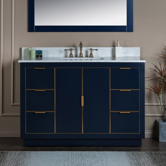Woodbridge Venice 48" Navy Blue and Gold Trim Solid Wood Vanity Base and Carrara White Engineered Stone Top With 3 Pre-drilled Holes for 8" Widespread Faucet
