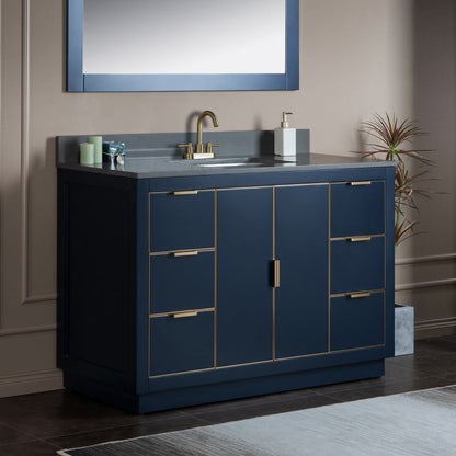 Woodbridge Venice 48" Navy Blue and Gold Trim Solid Wood Vanity Base and Dark Gray Engineered Stone Composite Top With 3 Pre-Drilled Holes for 4" Centerset Faucet