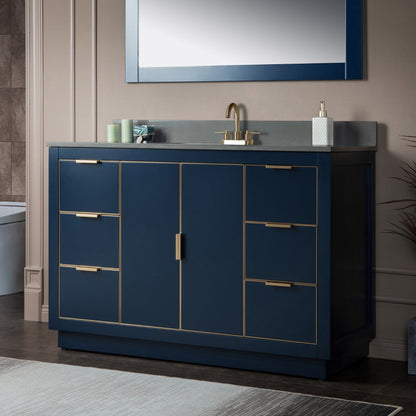 Woodbridge Venice 48" Navy Blue and Gold Trim Solid Wood Vanity Base and Dark Gray Engineered Stone Composite Top With 3 Pre-Drilled Holes for 4" Centerset Faucet