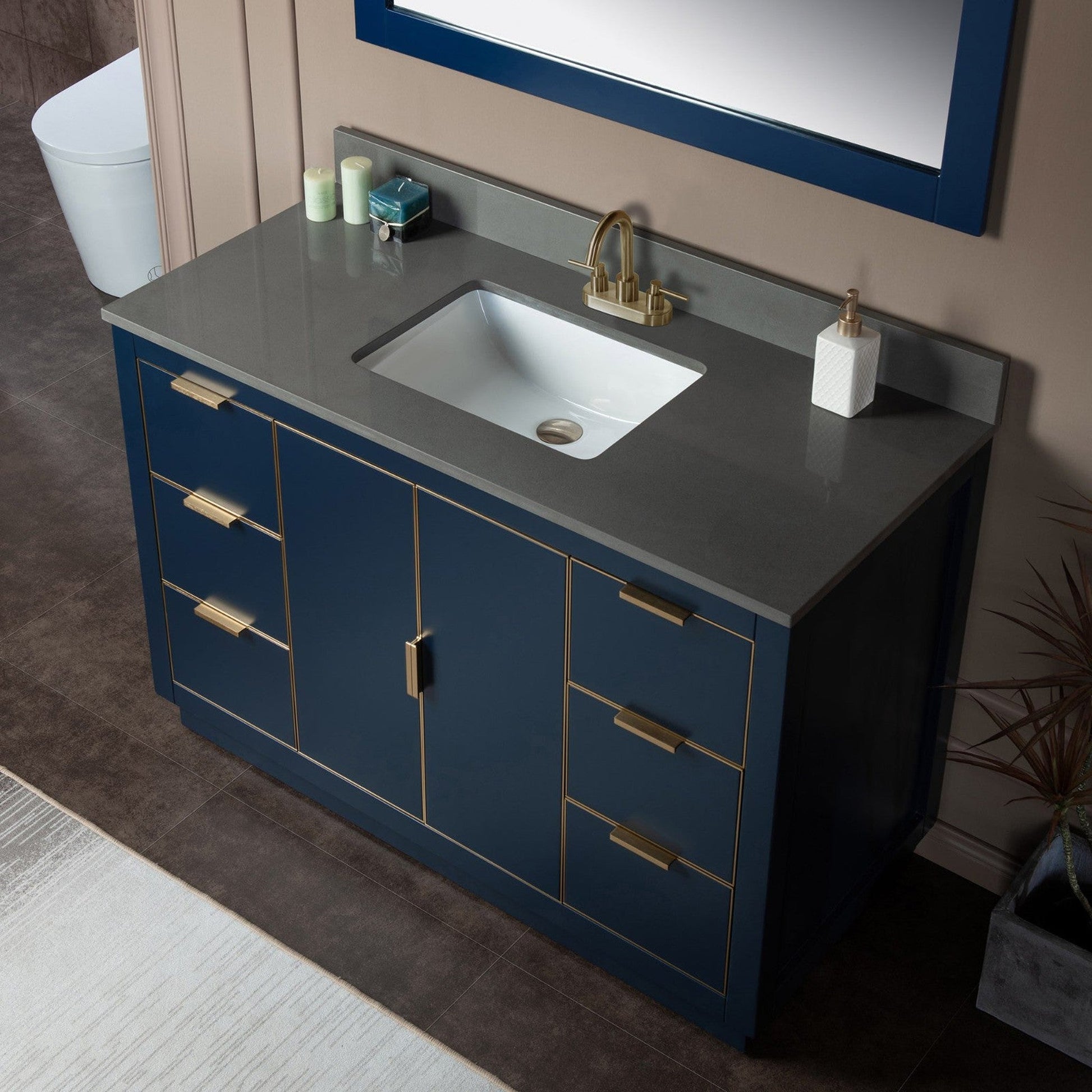Woodbridge Venice 48" Navy Blue and Gold Trim Solid Wood Vanity Base and Dark Gray Engineered Stone Composite Top With 3 Pre-Drilled Holes for 4" Centerset Faucet