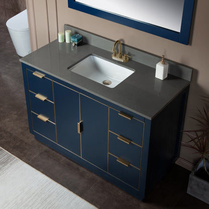 Woodbridge Venice 48" Navy Blue and Gold Trim Solid Wood Vanity Base and Dark Gray Engineered Stone Composite Top With 3 Pre-Drilled Holes for 4" Centerset Faucet