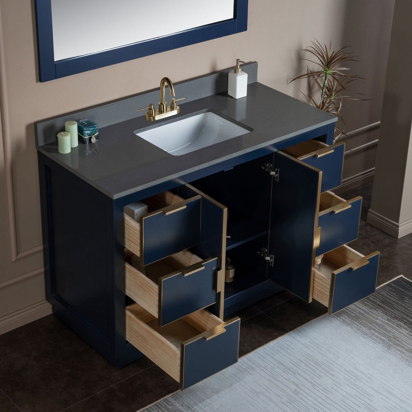 Woodbridge Venice 48" Navy Blue and Gold Trim Solid Wood Vanity Base and Dark Gray Engineered Stone Composite Top With 3 Pre-Drilled Holes for 4" Centerset Faucet