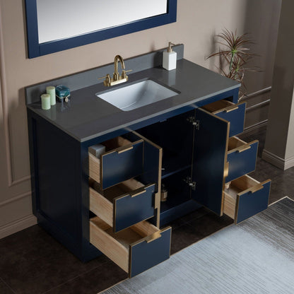 Woodbridge Venice 48" Navy Blue and Gold Trim Solid Wood Vanity Base and Dark Gray Engineered Stone Composite Top With 3 Pre-Drilled Holes for 4" Centerset Faucet