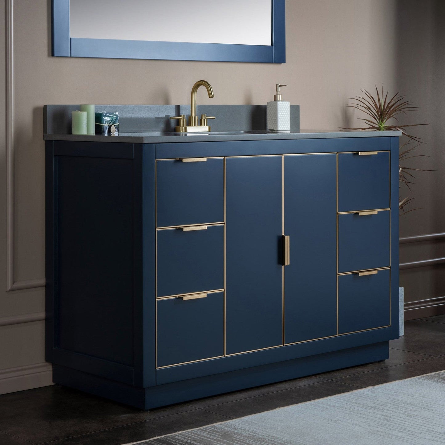 Woodbridge Venice 48" Navy Blue and Gold Trim Solid Wood Vanity Base and Dark Gray Engineered Stone Composite Top With 3 Pre-Drilled Holes for 4" Centerset Faucet
