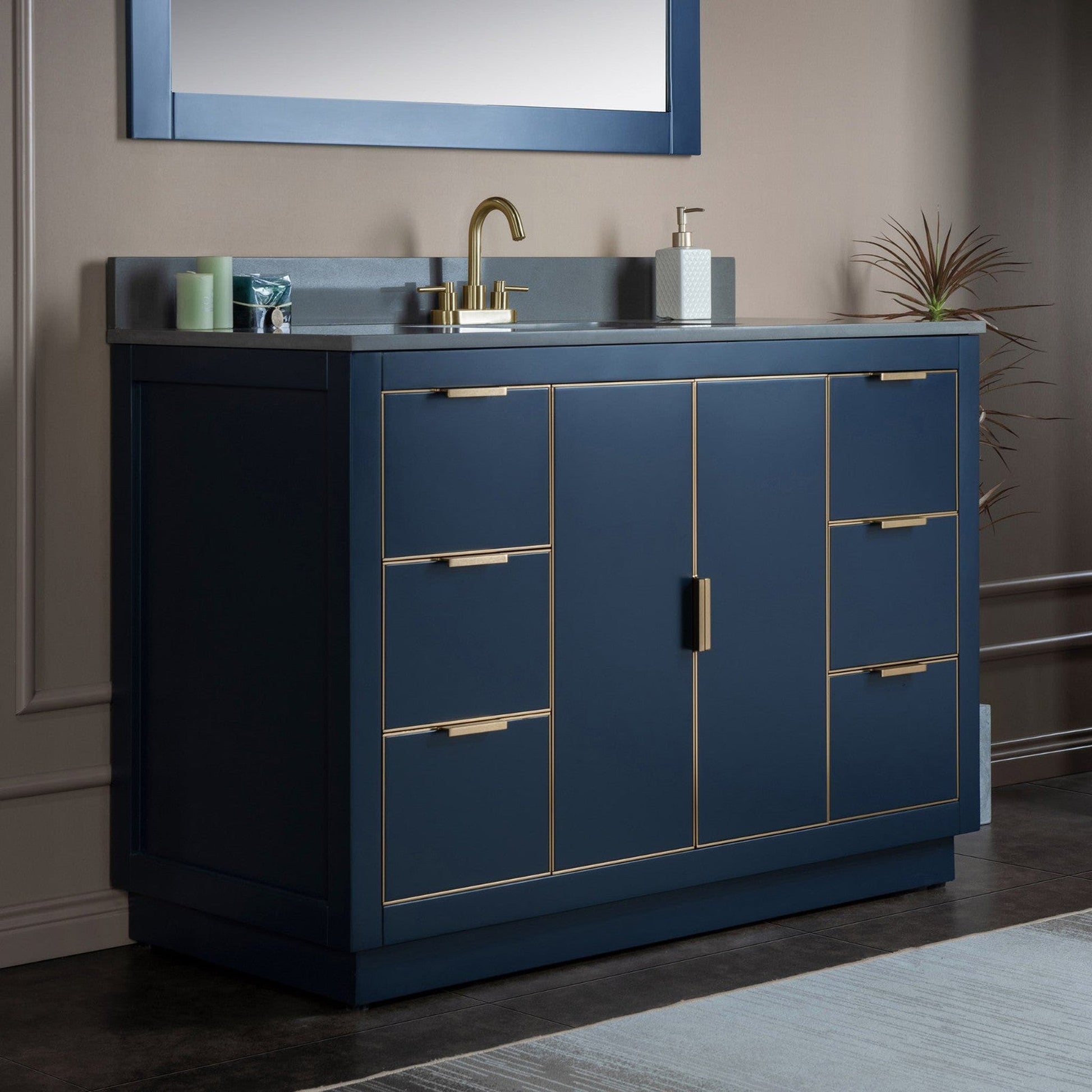 Woodbridge Venice 48" Navy Blue and Gold Trim Solid Wood Vanity Base and Dark Gray Engineered Stone Composite Top With 3 Pre-Drilled Holes for 4" Centerset Faucet