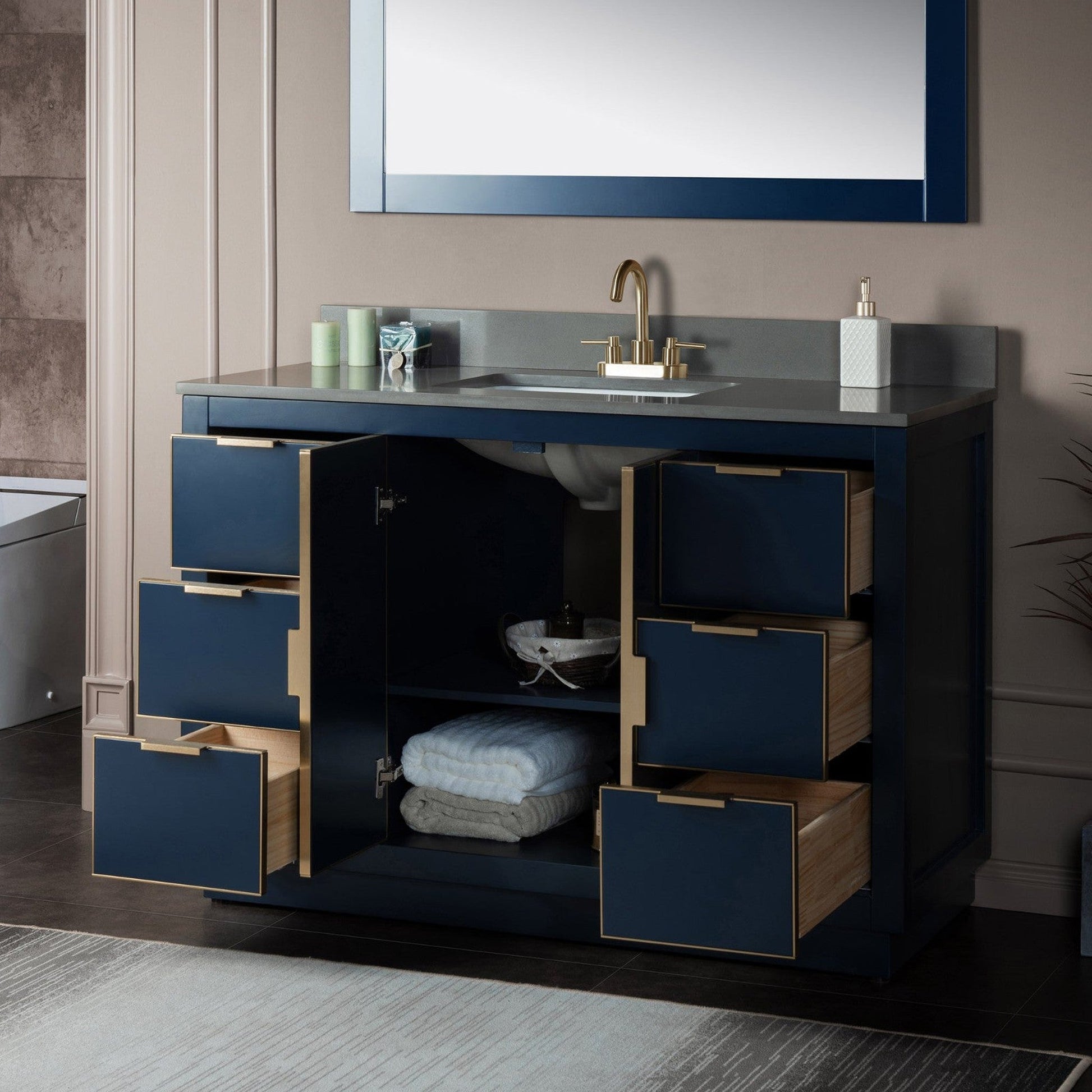 Woodbridge Venice 48" Navy Blue and Gold Trim Solid Wood Vanity Base and Dark Gray Engineered Stone Composite Top With 3 Pre-Drilled Holes for 4" Centerset Faucet