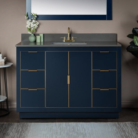 Woodbridge Venice 48" Navy Blue and Gold Trim Solid Wood Vanity Base and Dark Gray Engineered Stone Composite Top With 3 Pre-Drilled Holes for 4" Centerset Faucet