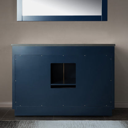 Woodbridge Venice 48" Navy Blue and Gold Trim Solid Wood Vanity Base and Dark Gray Engineered Stone Composite Top With 3 Pre-drilled Holes for 8" Widespread Faucet