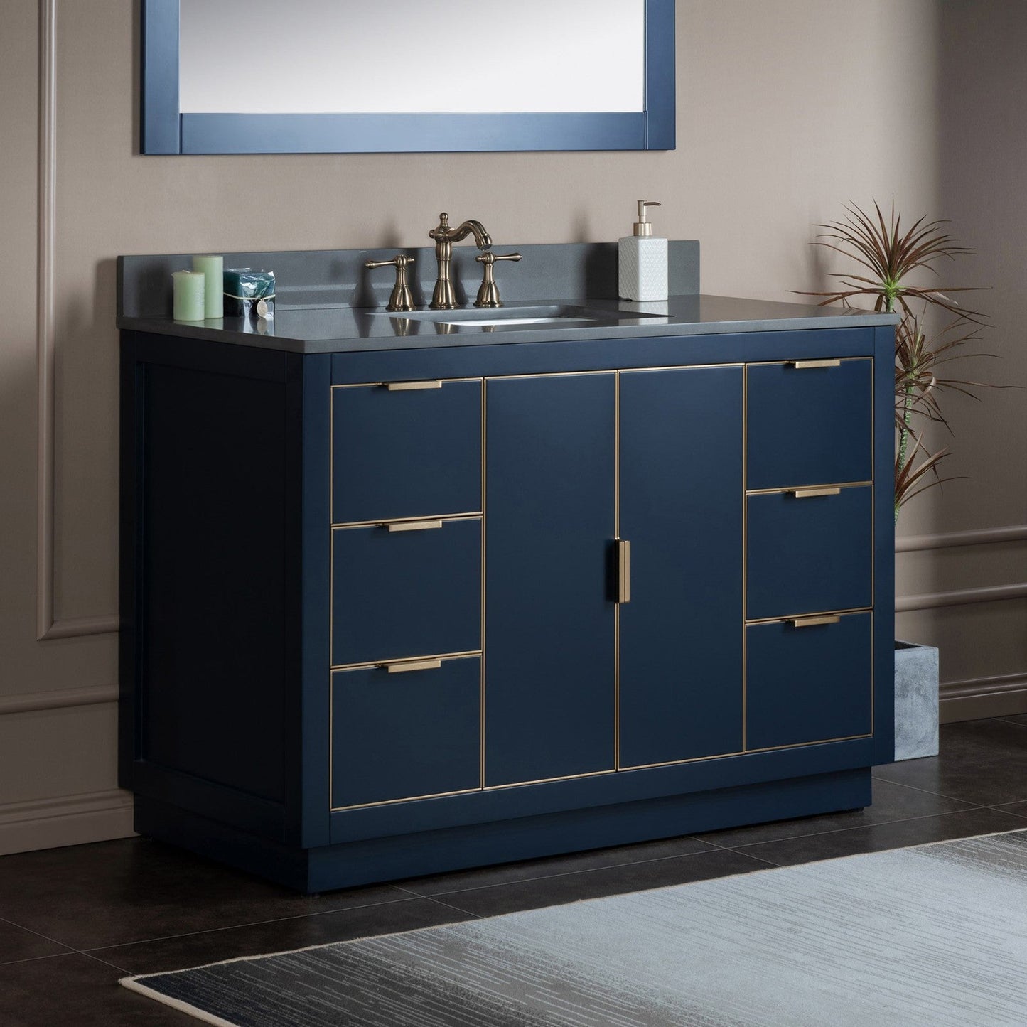 Woodbridge Venice 48" Navy Blue and Gold Trim Solid Wood Vanity Base and Dark Gray Engineered Stone Composite Top With 3 Pre-drilled Holes for 8" Widespread Faucet