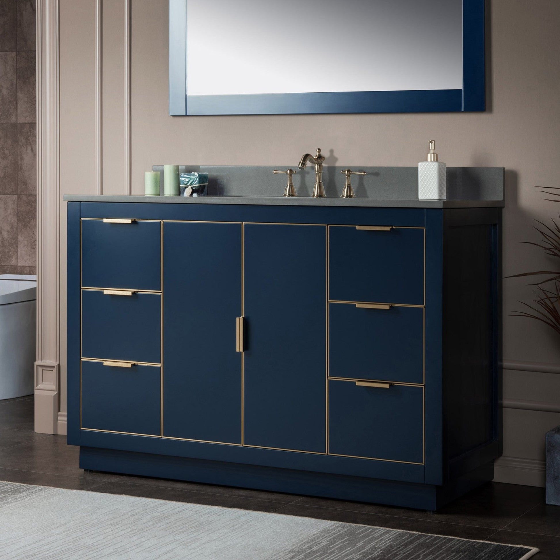 Woodbridge Venice 48" Navy Blue and Gold Trim Solid Wood Vanity Base and Dark Gray Engineered Stone Composite Top With 3 Pre-drilled Holes for 8" Widespread Faucet