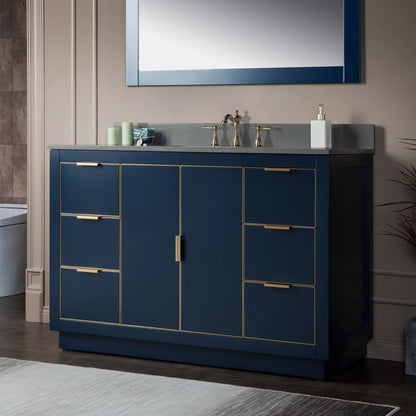Woodbridge Venice 48" Navy Blue and Gold Trim Solid Wood Vanity Base and Dark Gray Engineered Stone Composite Top With 3 Pre-drilled Holes for 8" Widespread Faucet