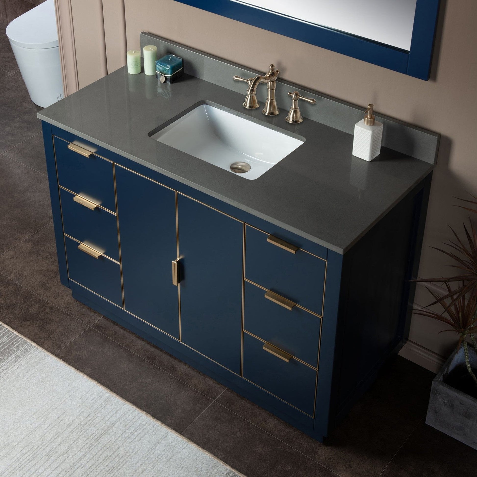 Woodbridge Venice 48" Navy Blue and Gold Trim Solid Wood Vanity Base and Dark Gray Engineered Stone Composite Top With 3 Pre-drilled Holes for 8" Widespread Faucet