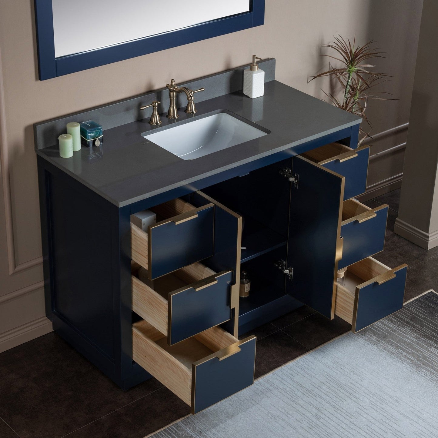 Woodbridge Venice 48" Navy Blue and Gold Trim Solid Wood Vanity Base and Dark Gray Engineered Stone Composite Top With 3 Pre-drilled Holes for 8" Widespread Faucet