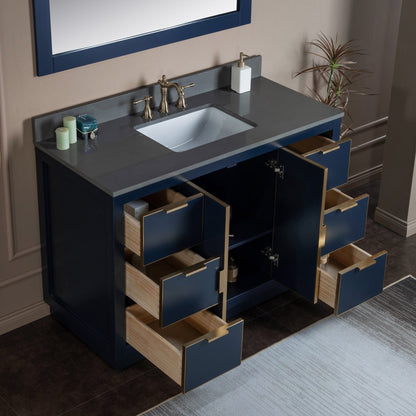 Woodbridge Venice 48" Navy Blue and Gold Trim Solid Wood Vanity Base and Dark Gray Engineered Stone Composite Top With 3 Pre-drilled Holes for 8" Widespread Faucet