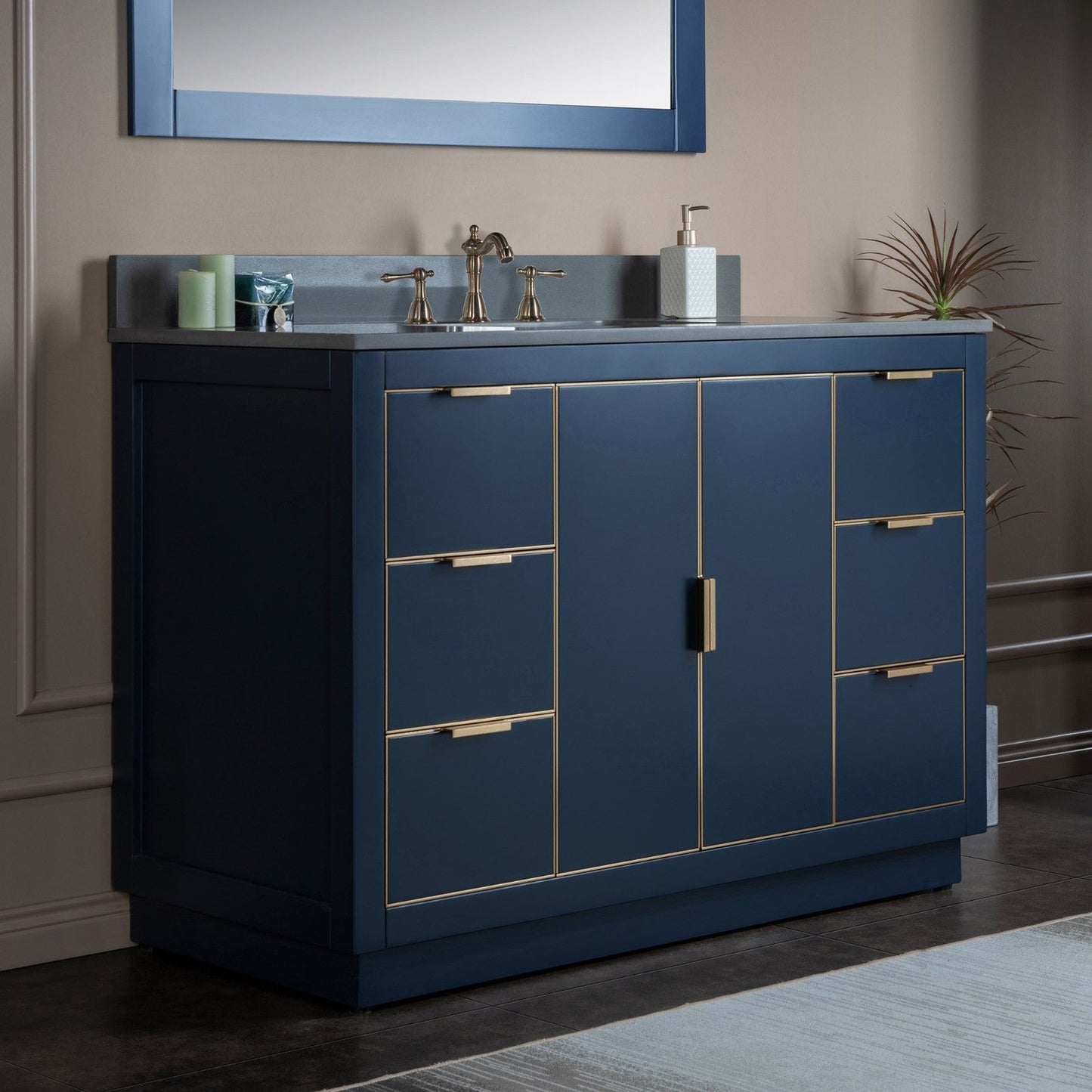 Woodbridge Venice 48" Navy Blue and Gold Trim Solid Wood Vanity Base and Dark Gray Engineered Stone Composite Top With 3 Pre-drilled Holes for 8" Widespread Faucet