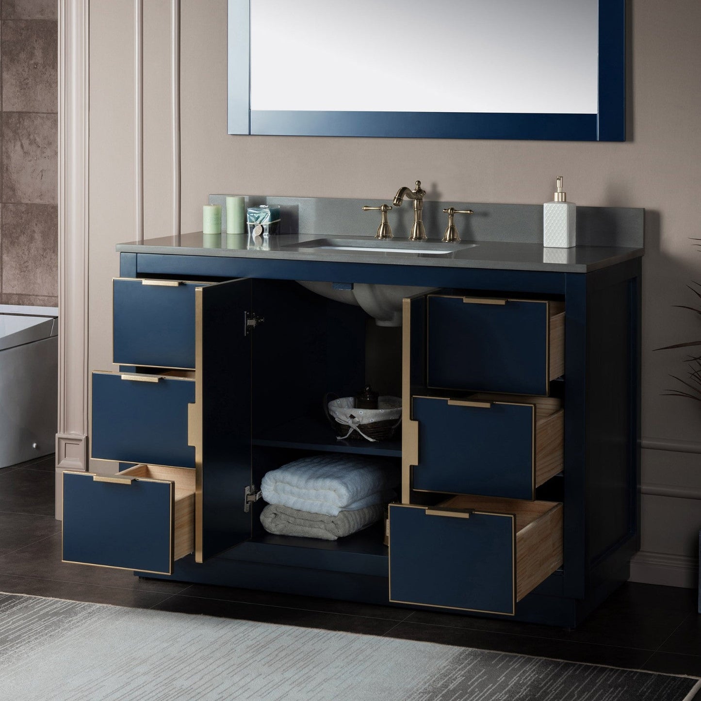 Woodbridge Venice 48" Navy Blue and Gold Trim Solid Wood Vanity Base and Dark Gray Engineered Stone Composite Top With 3 Pre-drilled Holes for 8" Widespread Faucet