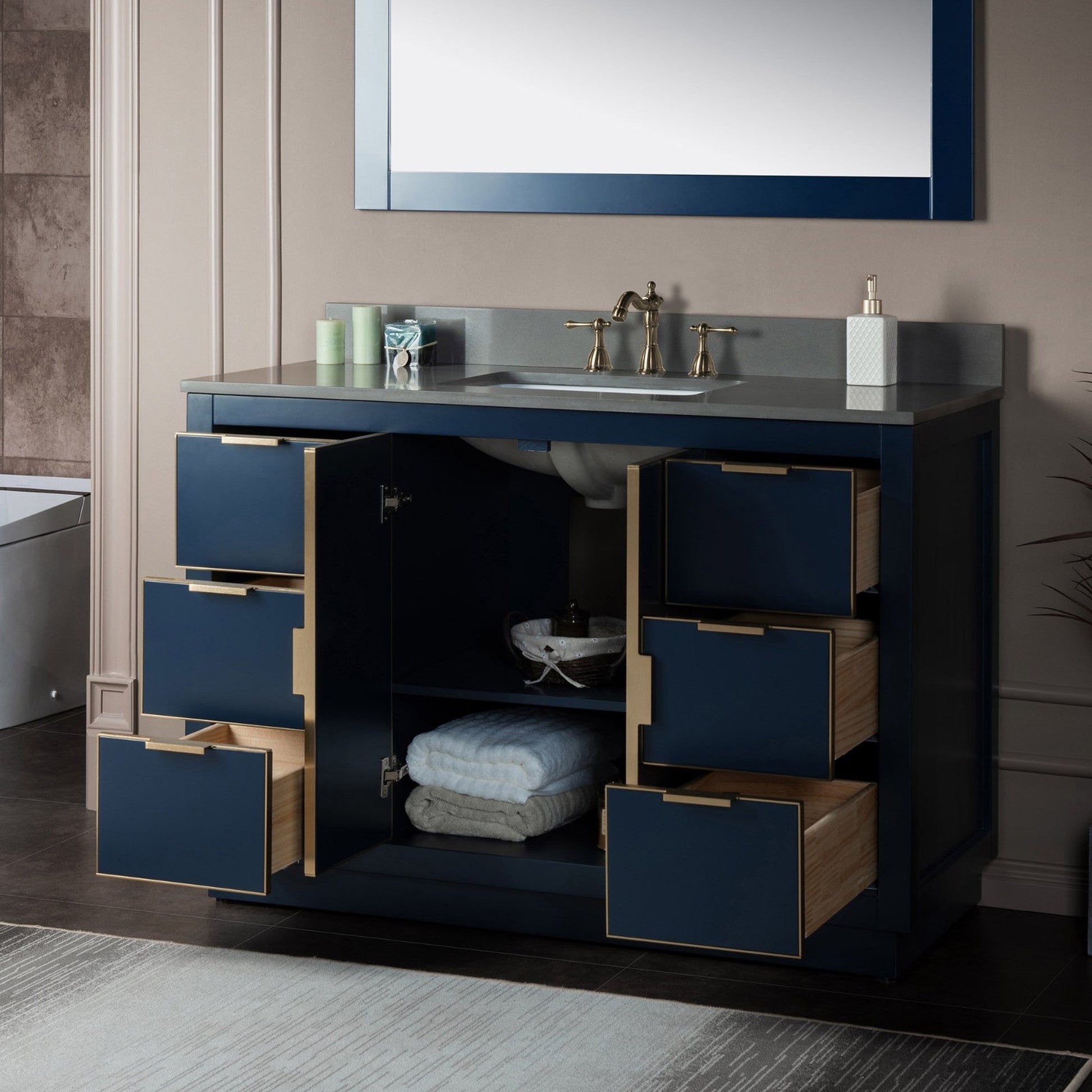 Woodbridge Venice 48" Navy Blue and Gold Trim Solid Wood Vanity Base and Dark Gray Engineered Stone Composite Top With 3 Pre-drilled Holes for 8" Widespread Faucet