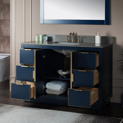 Woodbridge Venice 48" Navy Blue and Gold Trim Solid Wood Vanity Base and Dark Gray Engineered Stone Composite Top With 3 Pre-drilled Holes for 8" Widespread Faucet