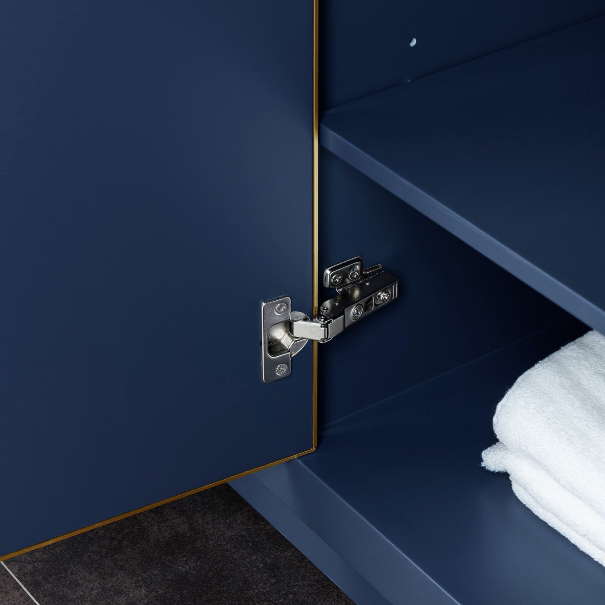 Woodbridge Venice 48" Navy Blue and Gold Trim Solid Wood Vanity Base and Dark Gray Engineered Stone Composite Top With 3 Pre-drilled Holes for 8" Widespread Faucet