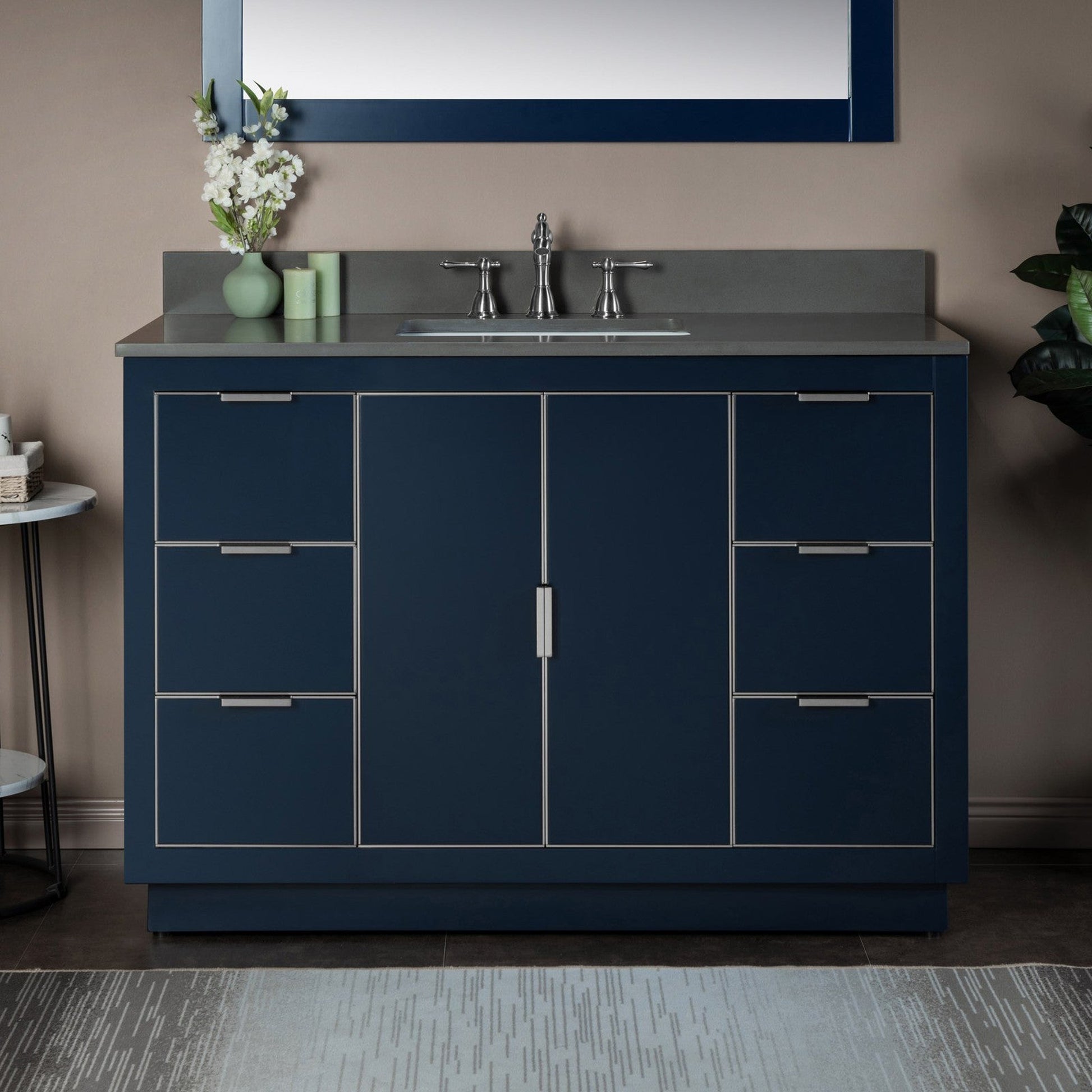 Woodbridge Venice 48" Navy Blue and Gold Trim Solid Wood Vanity Base and Dark Gray Engineered Stone Composite Top With 3 Pre-drilled Holes for 8" Widespread Faucet