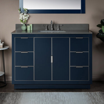 Woodbridge Venice 48" Navy Blue and Gold Trim Solid Wood Vanity Base and Dark Gray Engineered Stone Composite Top With 3 Pre-drilled Holes for 8" Widespread Faucet