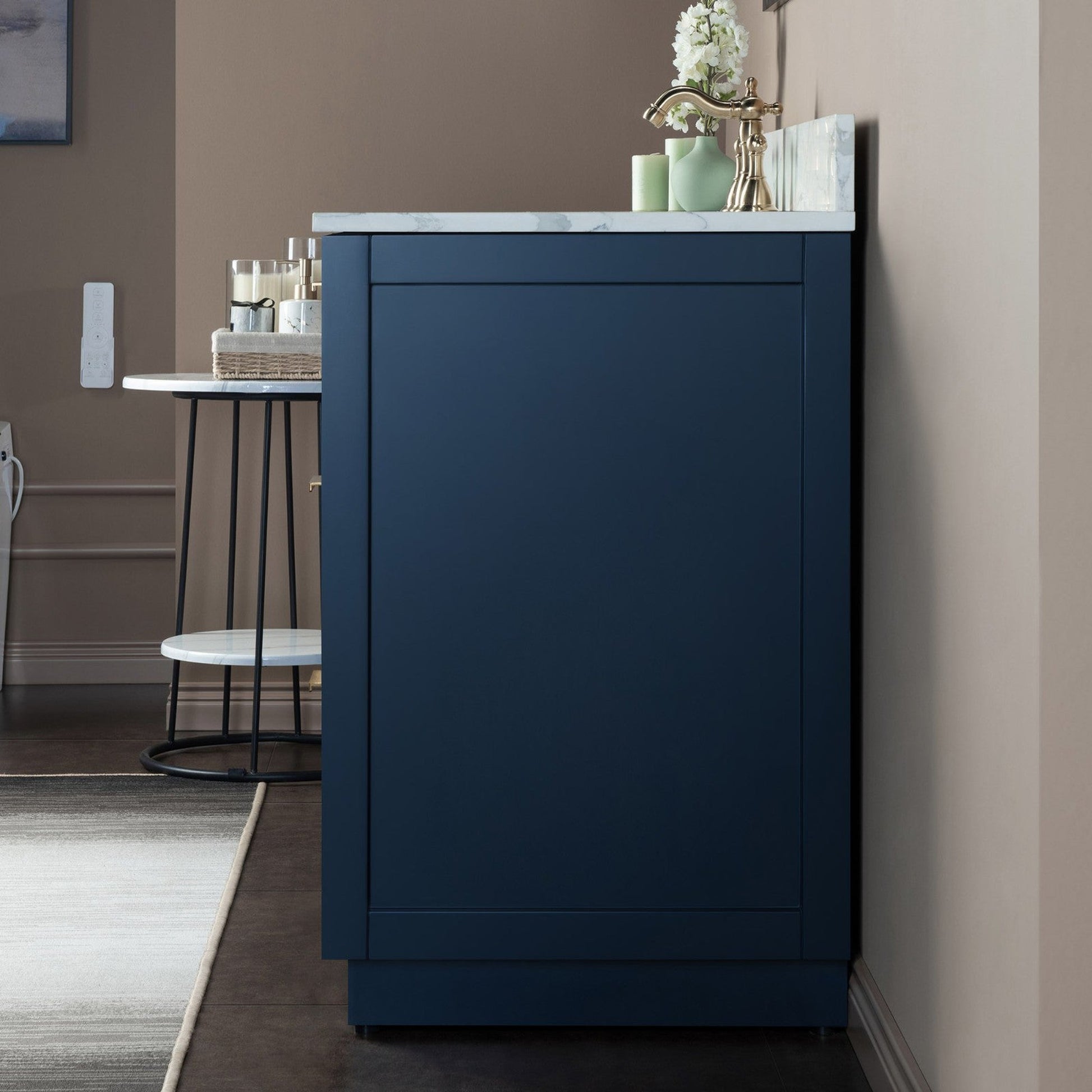 Woodbridge Venice 48" Navy Blue and Gold Trim Solid Wood Vanity Base and Fish Belly White Engineered Stone Composite Top With 3 Pre-Drilled Holes for 4" Centerset Faucet