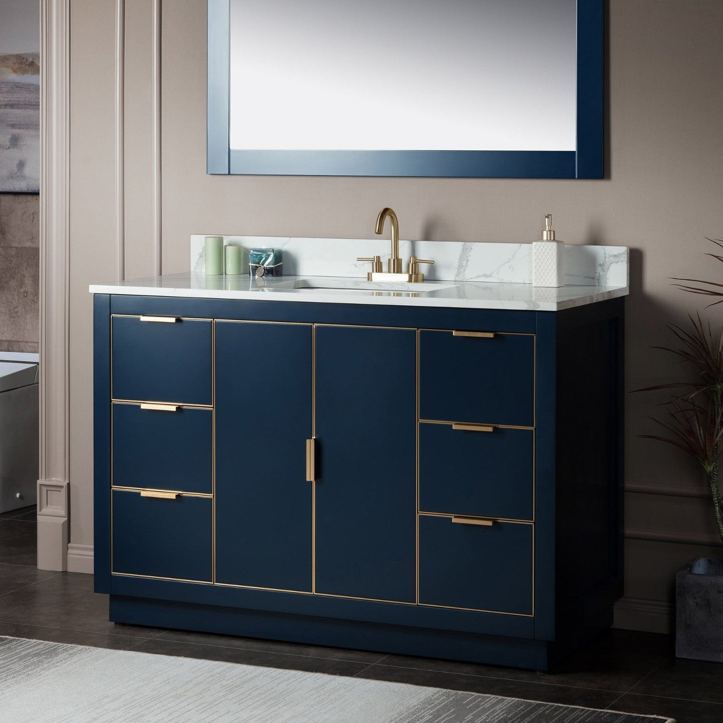 Woodbridge Venice 48" Navy Blue and Gold Trim Solid Wood Vanity Base and Fish Belly White Engineered Stone Composite Top With 3 Pre-Drilled Holes for 4" Centerset Faucet