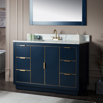 Woodbridge Venice 48" Navy Blue and Gold Trim Solid Wood Vanity Base and Fish Belly White Engineered Stone Composite Top With 3 Pre-Drilled Holes for 4" Centerset Faucet