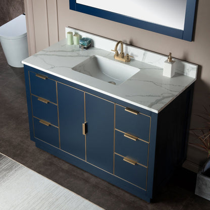 Woodbridge Venice 48" Navy Blue and Gold Trim Solid Wood Vanity Base and Fish Belly White Engineered Stone Composite Top With 3 Pre-Drilled Holes for 4" Centerset Faucet