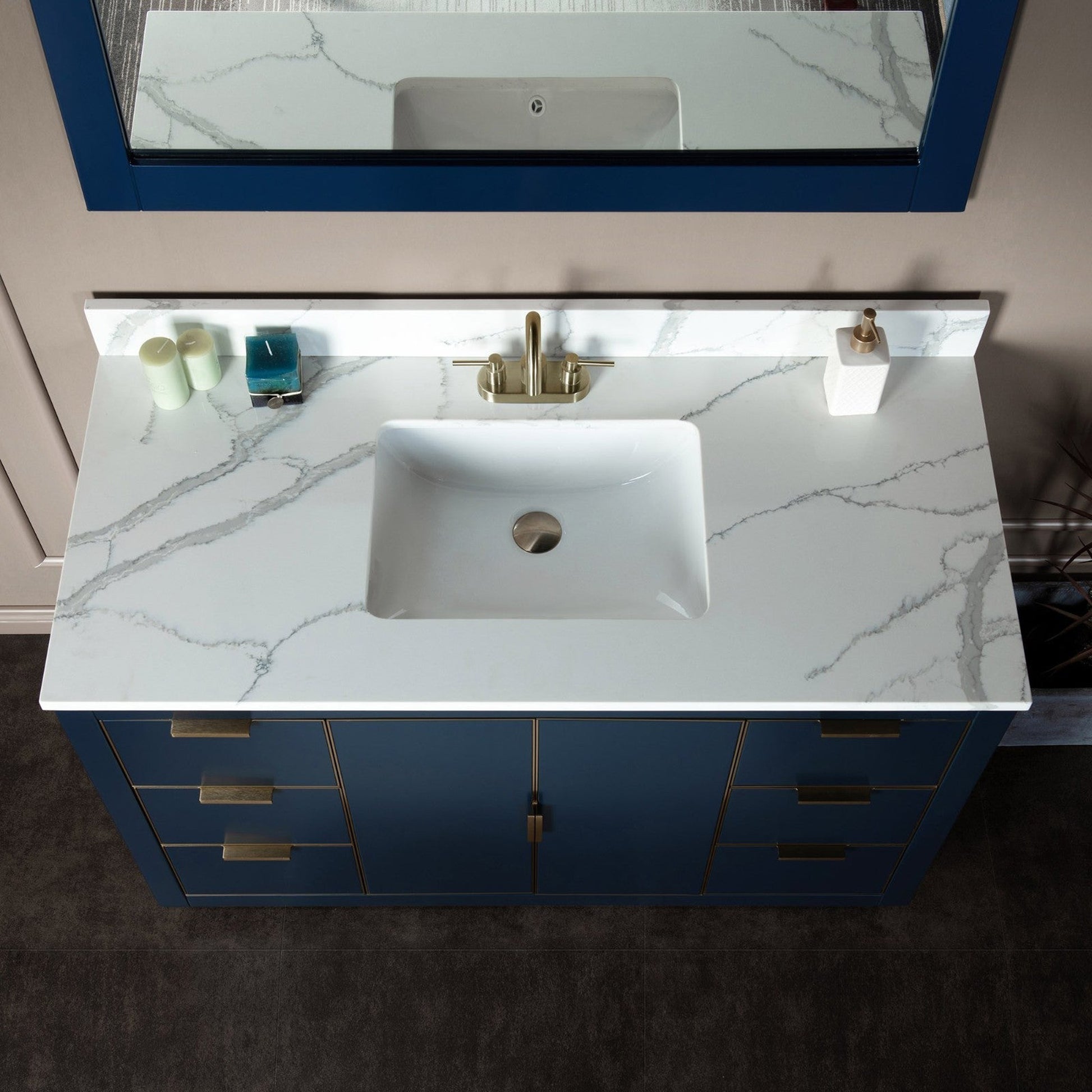 Woodbridge Venice 48" Navy Blue and Gold Trim Solid Wood Vanity Base and Fish Belly White Engineered Stone Composite Top With 3 Pre-Drilled Holes for 4" Centerset Faucet