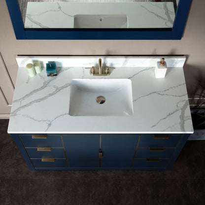 Woodbridge Venice 48" Navy Blue and Gold Trim Solid Wood Vanity Base and Fish Belly White Engineered Stone Composite Top With 3 Pre-Drilled Holes for 4" Centerset Faucet