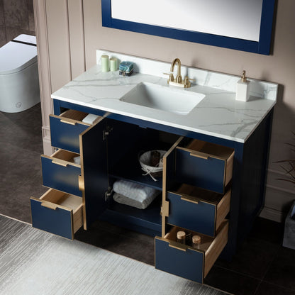 Woodbridge Venice 48" Navy Blue and Gold Trim Solid Wood Vanity Base and Fish Belly White Engineered Stone Composite Top With 3 Pre-Drilled Holes for 4" Centerset Faucet