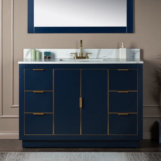 Woodbridge Venice 48" Navy Blue and Gold Trim Solid Wood Vanity Base and Fish Belly White Engineered Stone Composite Top With 3 Pre-Drilled Holes for 4" Centerset Faucet