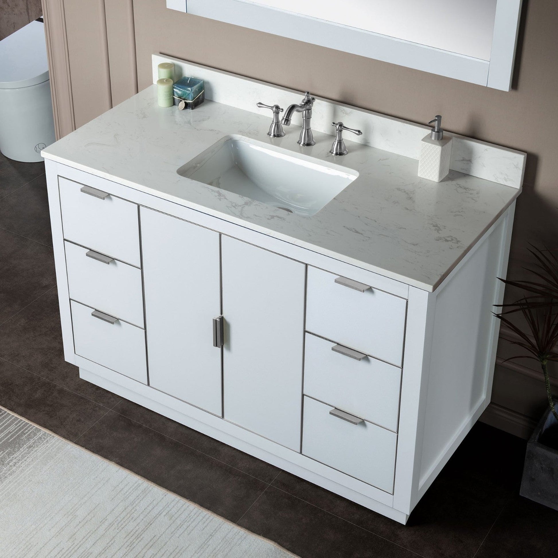 Woodbridge Venice 48" White and Brushed Nickel Trim Solid Wood Vanity Base and Carrara Marble Top With 3 Pre-drilled Holes for 8" Widespread Faucet