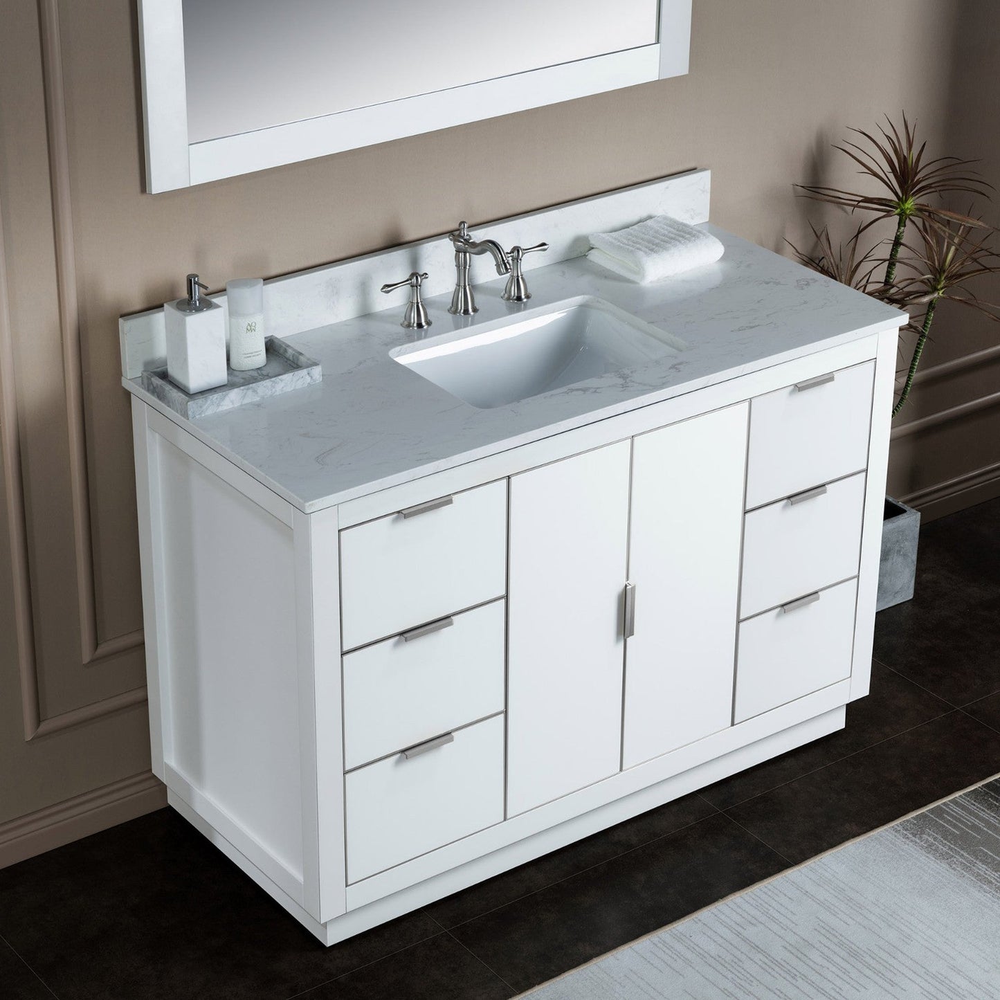 Woodbridge Venice 48" White and Brushed Nickel Trim Solid Wood Vanity Base and Carrara Marble Top With 3 Pre-drilled Holes for 8" Widespread Faucet