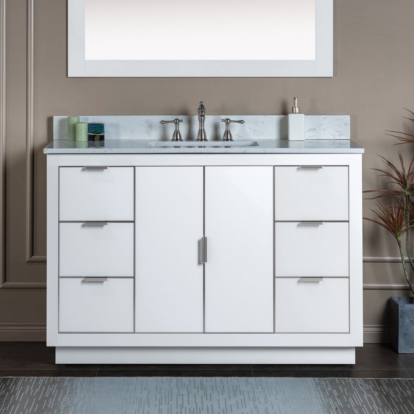 Woodbridge Venice 48" White and Brushed Nickel Trim Solid Wood Vanity Base and Carrara Marble Top With 3 Pre-drilled Holes for 8" Widespread Faucet