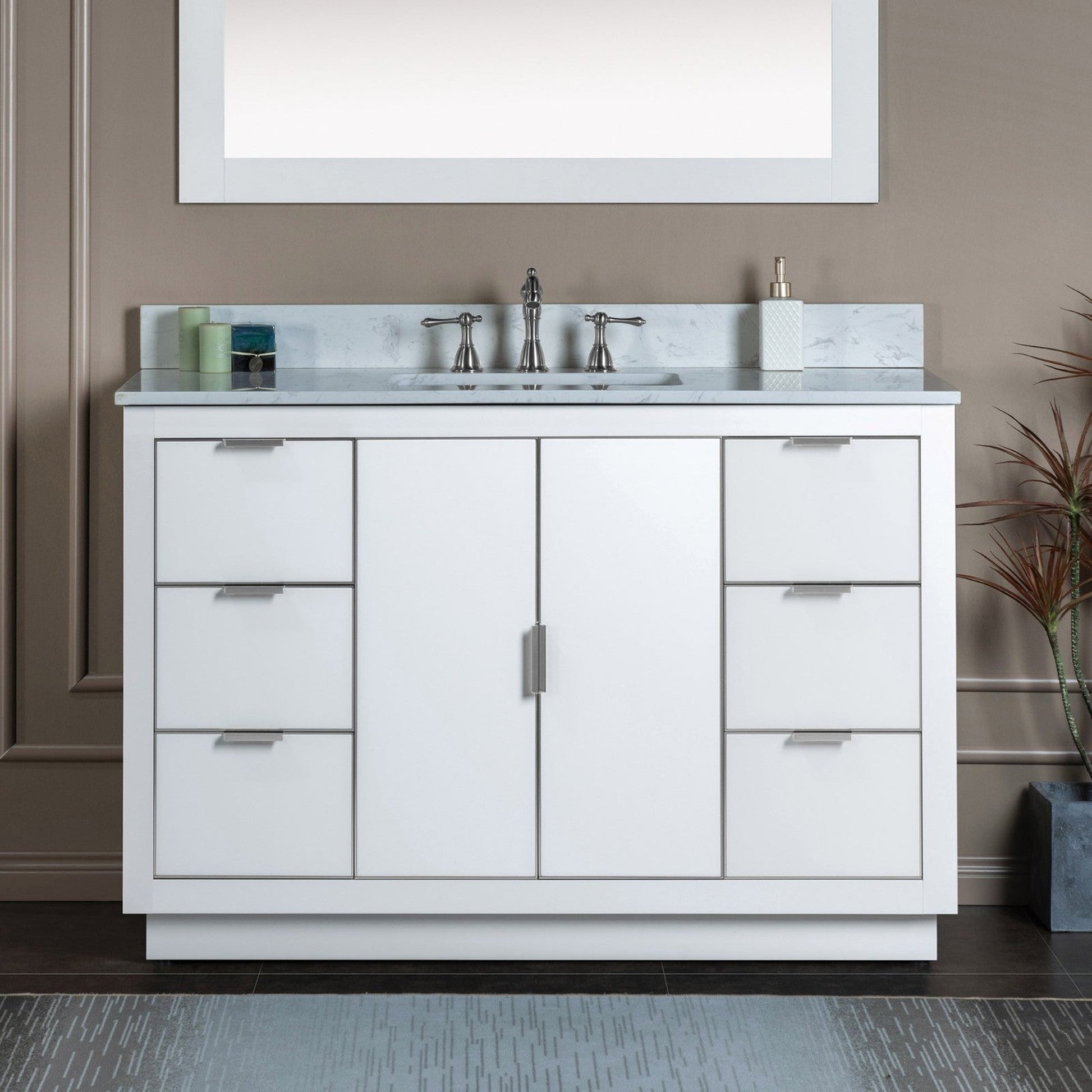 Woodbridge Venice 48" White and Brushed Nickel Trim Solid Wood Vanity Base and Carrara Marble Top With 3 Pre-drilled Holes for 8" Widespread Faucet