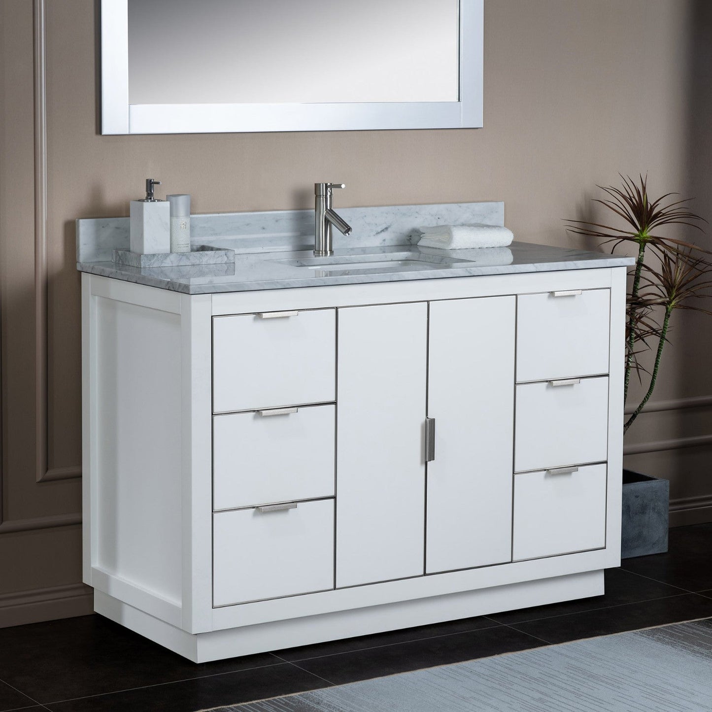 Woodbridge Venice 48" White and Brushed Nickel Trim Solid Wood Vanity Base and Carrara Marble Top With Pre-Drilled Single Hole Faucet