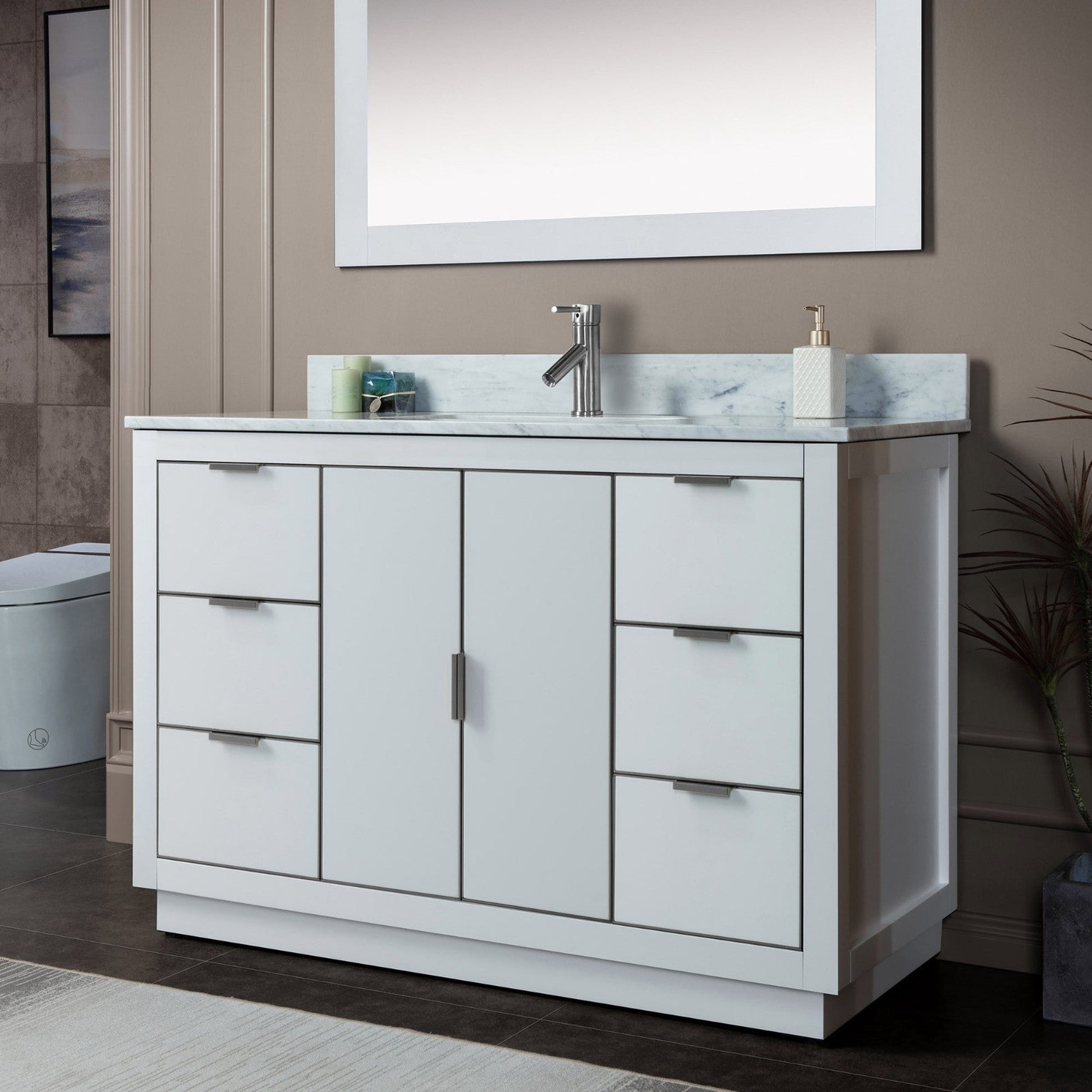 Woodbridge Venice 48" White and Brushed Nickel Trim Solid Wood Vanity Base and Carrara Marble Top With Pre-Drilled Single Hole Faucet